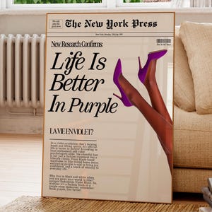 Life Is Better In Purple Poster, Fashion Typography Print, Newspaper Style Art | Bedroom, Dorm Room