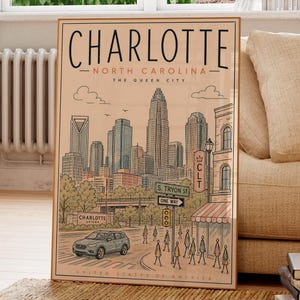 Charlotte North Carolina Poster, Vintage City Skyline Print, Queen City Travel Art | Living Room, Office, Dorm Room | Housewarming Gift