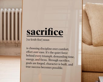 Poster con definizione di sacrificio, decorazione murale per palestra, stampa con citazione motivazionale, arredamento per ufficio, cartello per palestra domestica, regalo per lui