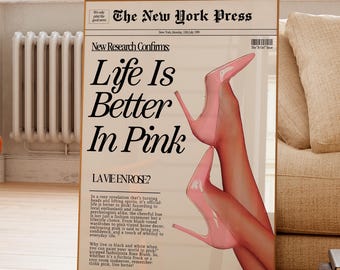 ピンクで暮らす人生は最高！ポスター、レトロな新聞風ファッションプリント、ピンクの美的アート｜女の子の寝室、寮の部屋の装飾｜彼女への誕生日プレゼント