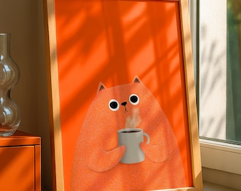 May include: A framed art print featuring a cartoon cat holding a steaming mug of coffee. The cat is orange with black eyes and a white nose, set against a bright orange background. The frame is made of light-colored wood.