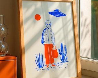 Retro Alien Wall Art Print, Sci Fi Cactus Desert Poster, Minimalist UFO Illustration, Extraterrestrial Home Decor