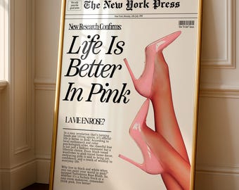 ピンクの新聞プリント、ファッションエディトリアルアート、グラマラスな美的ポスター、女の子の部屋用の印刷可能なデジタルダウンロード