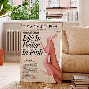 Pink Newspaper Print, Fashion Editorial Art, Glam Aesthetic Poster, Printable Digital Download for Girls Room image 3