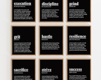 Motivational Wall Art Set of 9 Prints Black Office Gym Decor Definition Posters Minimalist Digital Download