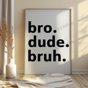 Puede incluir: Un cuadro enmarcado con las palabras "bro. dude. bruh." en negrita negra sobre un fondo blanco. El cuadro se exhibe sobre un suelo de madera, con un jarr&oacute;n y plantas decorativas a la izquierda.