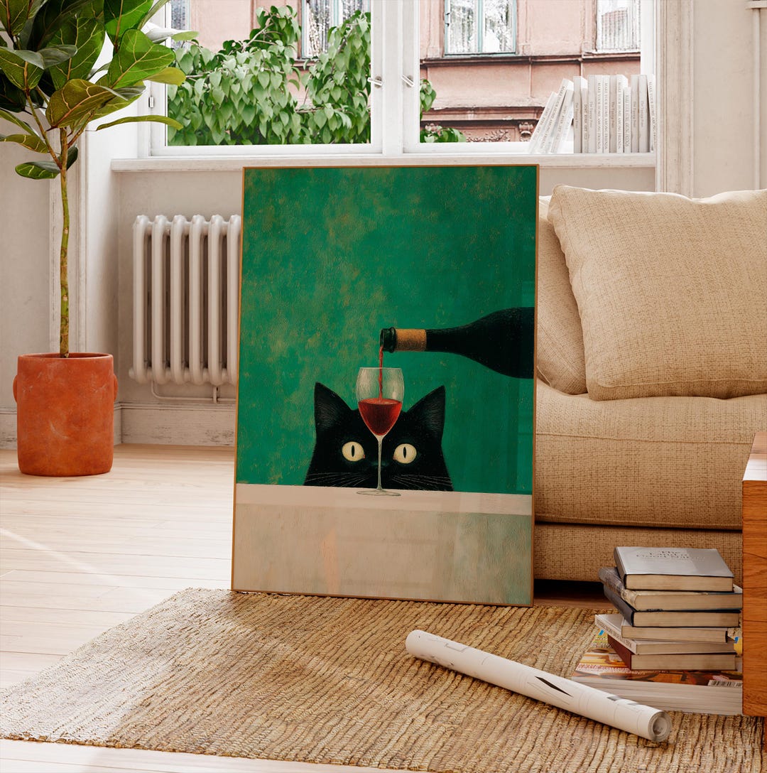 Black Cat Wine Art Print – Cat Lover Gift, Kitchen Bar Wall Decor ...