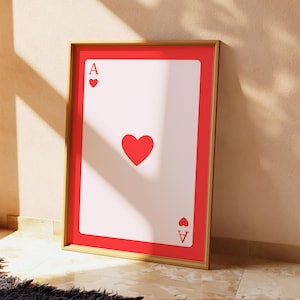 Decorazione murale con asso di cuori rosso, stampa di carte con asso, decorazione per dormitorio, stampa romantica, regalo per lei, decorazione con cuore rosso, decorazione per appartamento