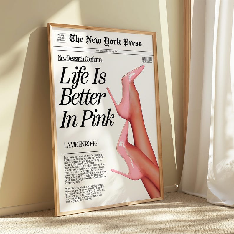 Pink Newspaper Print, Fashion Editorial Art, Glam Aesthetic Poster, Printable Digital Download for Girls Room image 7