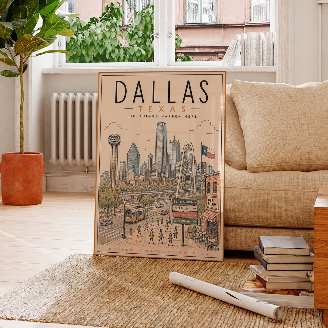 Dallas Travel Poster, Texas Skyline Wall Art, City Decor Print, Vintage ...