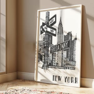 Impresión vintage de la ciudad de Nueva York: póster retro del horizonte de Nueva York, arte mural de Manhattan en blanco y negro, ilustración del puente de Brooklyn, descarga digital