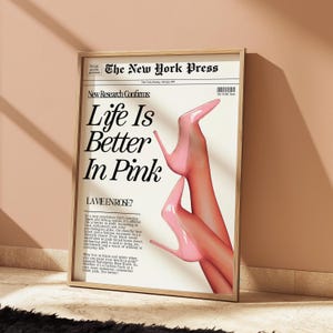 Pink Newspaper Print, Fashion Editorial Art, Glam Aesthetic Poster, Printable Digital Download for Girls Room image 5