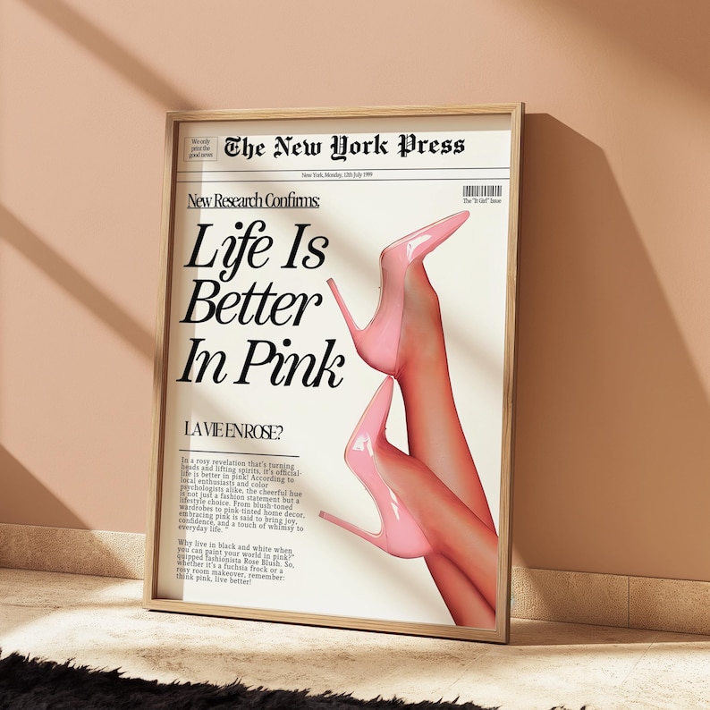 Pink Newspaper Print, Fashion Editorial Art, Glam Aesthetic Poster, Printable Digital Download for Girls Room image 5