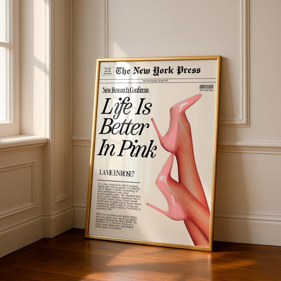 Pink Newspaper Print, Fashion Editorial Art, Glam Aesthetic Poster, Printable Digital Down