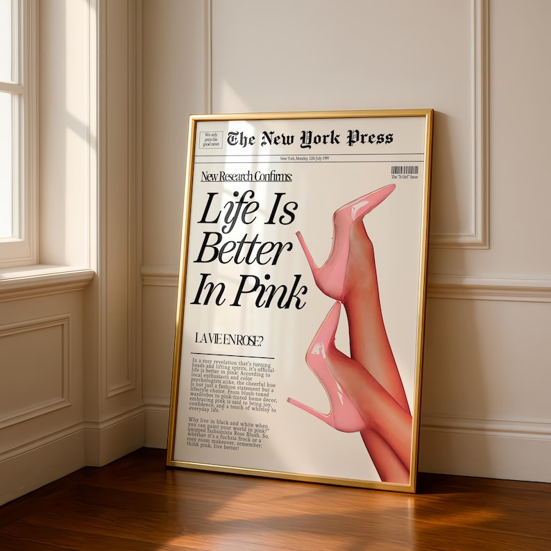 Pink Newspaper Print, Fashion Editorial Art, Glam Aesthetic Poster, Printable Digital Download for Girls Room image 1