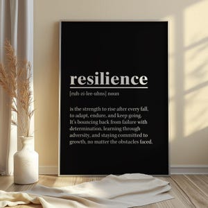 Puede incluir: Impresi&oacute;n enmarcada en negro con la palabra "resiliencia" en blanco y negrita. La definici&oacute;n de resiliencia est&aacute; debajo de la palabra, en una fuente blanca m&aacute;s peque&ntilde;a. La impresi&oacute;n se muestra en un suelo de madera.