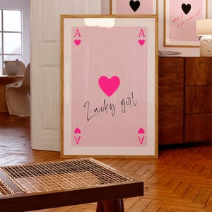 Art mural esthétique fille porte-bonheur, carte à jouer rose As de coeur, affiche citation motivante féminine, décoration de chambre à coucher mignonne pour femme
