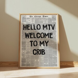 Impresión de periódico vintage, póster tipográfico, arte mural para entrada, Hola MTV, impresión "Bienvenido a mi casa", imprimible de moda de los 70, descarga digital