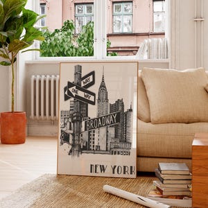 Stampa di viaggio di New York City, poster retrò di New York, stampabile in bianco e nero, estetica dell'appartamento, stampe artistiche di New York, download digitale