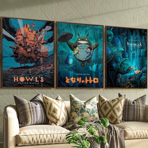 Set di 3 poster dello Studio Ghibli, stampa da parete Anime Ghibli, poster stampabile di Nausicaa, stampa di Totoro Ghibli, decorazione per la stanza, regalo per fan degli anime.