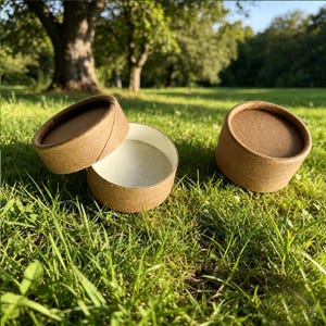 May include: Two cylindrical cardboard containers with a natural brown finish. One container is closed with a flat lid, while the other is open, revealing a white interior lining. The containers are constructed from thick, pressed paper material.
