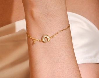 Bracciale Rigido In Acciaio Placcato Oro 18K Con Cavallo E Strass - Gioiello Donna In Sacchetto Velluto