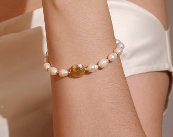 Natural Freshwater Pearl Bracelet,Sterling Silver Bracelet,Gold Beaded Pearl Bracelet,Wedding Bride Bracelet,Bridesmaid Gift,Gift for Her