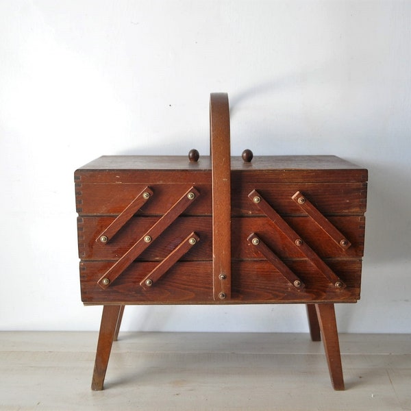 vintage wooden accordian style sewing box with legs