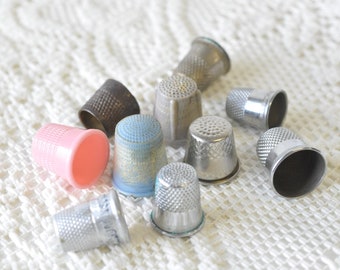 Vintage Plastic Metal and Brass Thimbles Collection Set Of 10