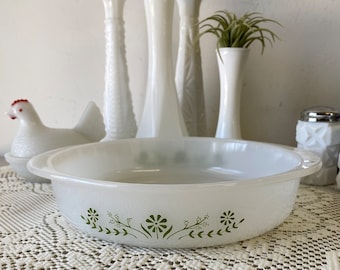 vintage Glasbake  Milk Glass casserole CAKE PAN  Primrose Dream Casserole Handles casserole Pie Dish green flowers