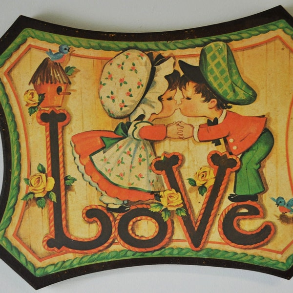 70s vintage Holly Hobbie wooden wall plaque---Love