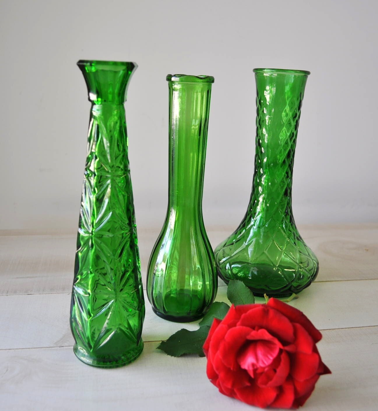 3 vintage green hoosier glass vases Etsy