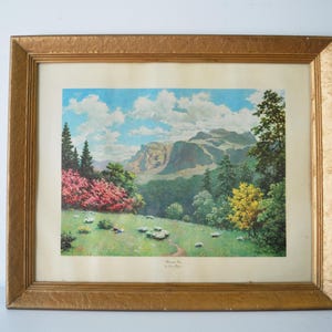 Vintage Mountain View glass front matted gold wooden wide frame lithoprint by Rod Palmer/ mountain painting, framed mountain painting
