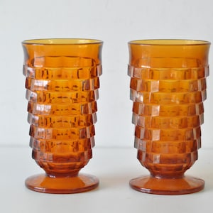 Vintage Amber Whitehall Indiana drinking Glasses  American Cubist Pattern Footed Tall Tea Drinking Glass Made in USA /set of 2 Amber glasses