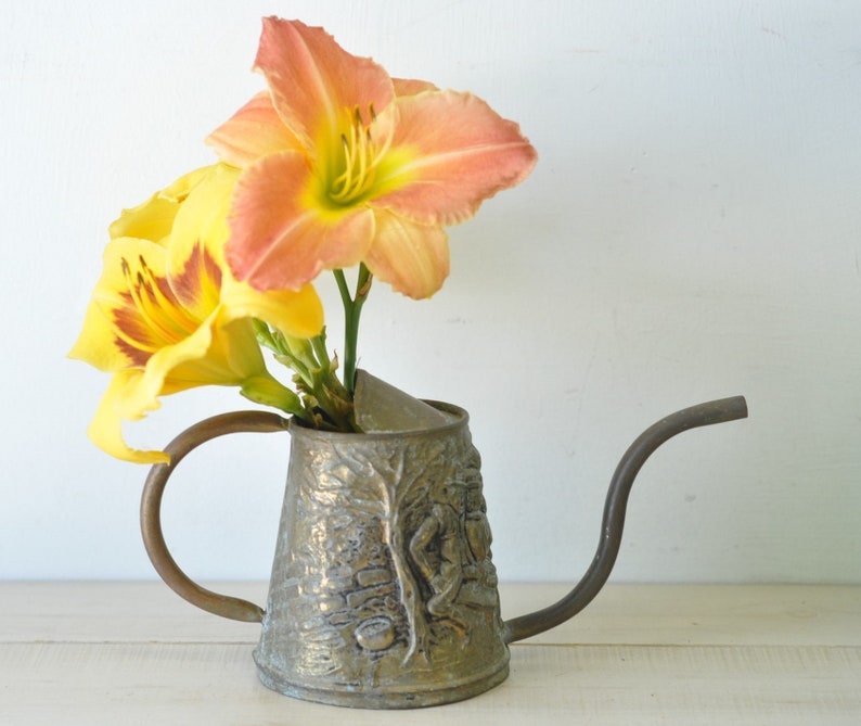 vintage tarnished patina brass watering can made in England