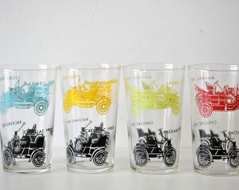 Set of 4 Vintage Hazel Atlas Antique Car jelly Glasses Vintage Cars swanky swig Drinking Glasses