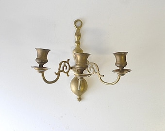 vintage three arm brass candleholder sconce / wall candleholder / 1970s brass candleholder / entry way candleholder / bathroom wall sconce