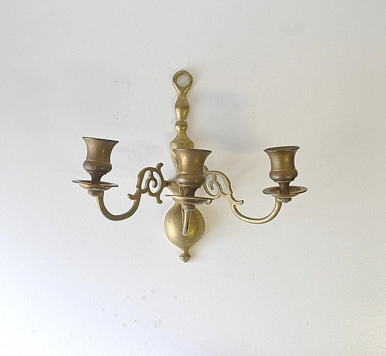 vintage three arm brass candleholder sconce / wall candleholder / 1970s brass candleholder / entry way candleholder / bathroom wall sconce image 1