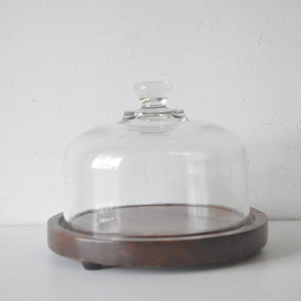 vintage wood and  glass dome vintage cloche cheese tray display/ cheese cloche, glass dome, MCM cloche cheese tray