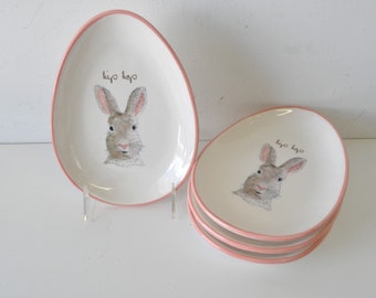 vintage RAE DUNN Artisan Collection Easter Hip Hop Bunny Rabbit Egg Shaped Ceramic Dish with Pink Trim / oval bunny rabbit plate / Easter