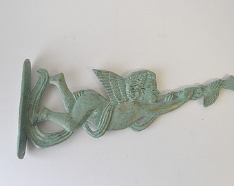 vintage cast iron wall hanging musical cherub / shabby chic cherub decor / christmas hanging cherub/ turquoise green christmas cherub