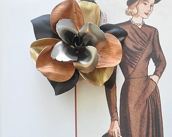 Vintage Copper Silver Black and Gold Metal Flower Pin Vintage Copper Silver Black and Gold Metal Flower Pin