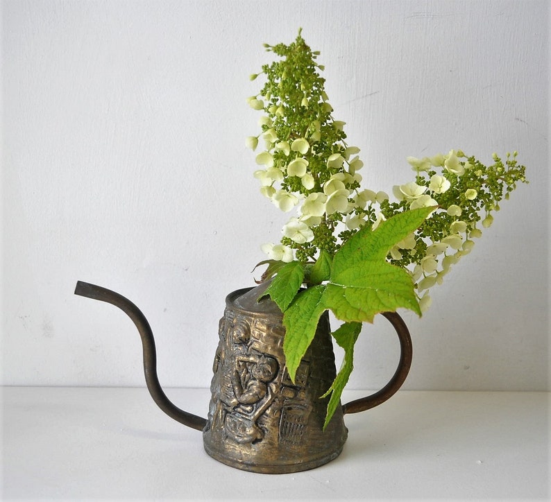 vintage tarnished patina brass watering can made in England