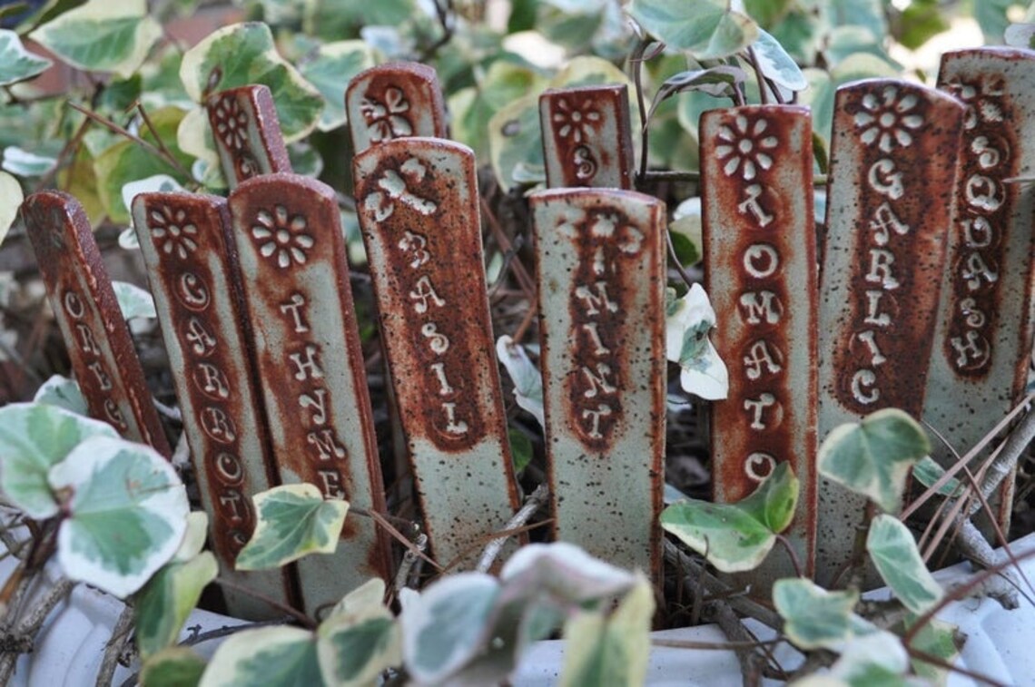 Handsculpted clay garden stake herb and vegetable markers herb Etsy