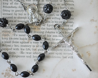 VINTAGE Black Bead Rosary /Antique French Rosary Beads  Vintage Crucifix