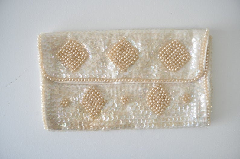 vintage pearl and sequin envelope style clutch purse La Regale Purse 1960s BEADED Fancy Clutch Purse bride purse glam purse mod purse