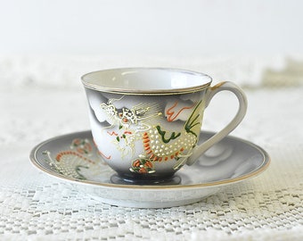Antique Japanese Dragon Satsuma made in JAPAN tea cup and saucer / FREE shipping