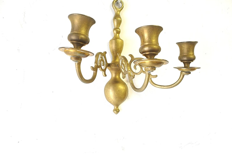 vintage three arm brass candleholder sconce / wall candleholder / 1970s brass candleholder / entry way candleholder / bathroom wall sconce image 3