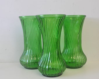 Vintage Green HOOSIER glass Wedding Vases, Emerald Green Glass Vases, Lot of 3
