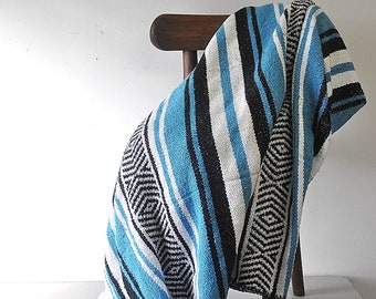vintage mexican falsa blanket blue black and white / acrylic throw or picnic blanket